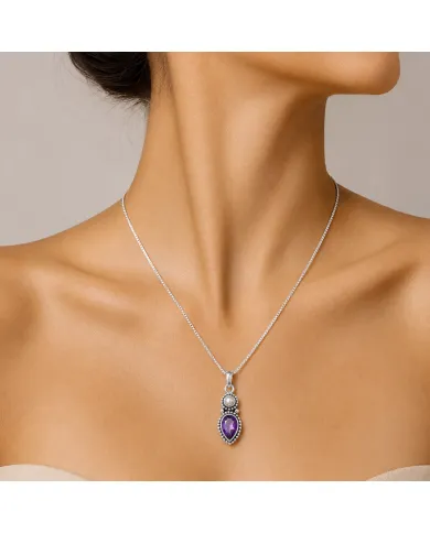 Amethyst & Pearl Pendant 925 Sterling Silver Handmade Boho Necklace