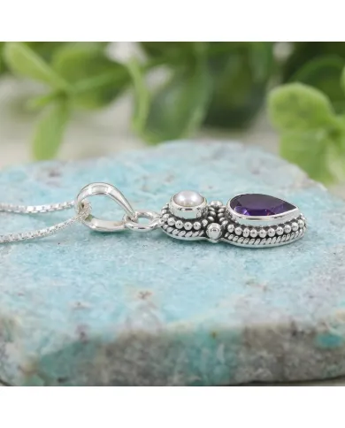 Amethyst & Pearl Pendant 925 Sterling Silver Handmade Boho Necklace