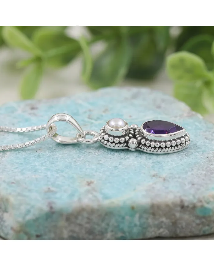 Amethyst & Pearl Pendant 925 Sterling Silver Handmade Boho Necklace