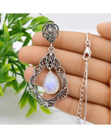 Moonstone Necklace - 925 Sterling Silver Handmade Boho Pendant for Her