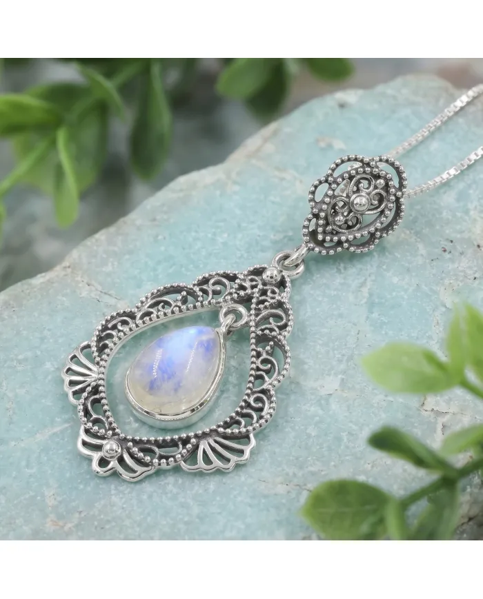 Moonstone Necklace - 925 Sterling Silver Handmade Boho Pendant for Her