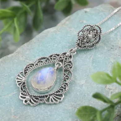 Moonstone Necklace - 925 Sterling Silver Handmade Boho Pendant for Her