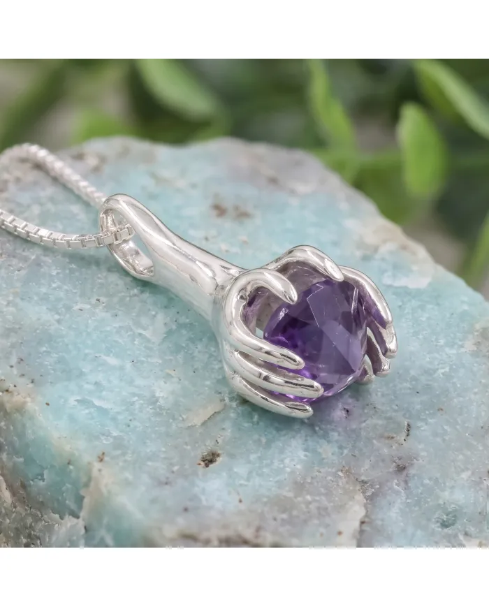 Amethyst Holding Hands Pendant Necklace | 925 Sterling Silver Jewelry
