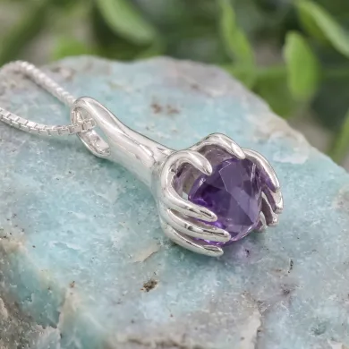 Amethyst Holding Hands Pendant Necklace | 925 Sterling Silver Jewelry