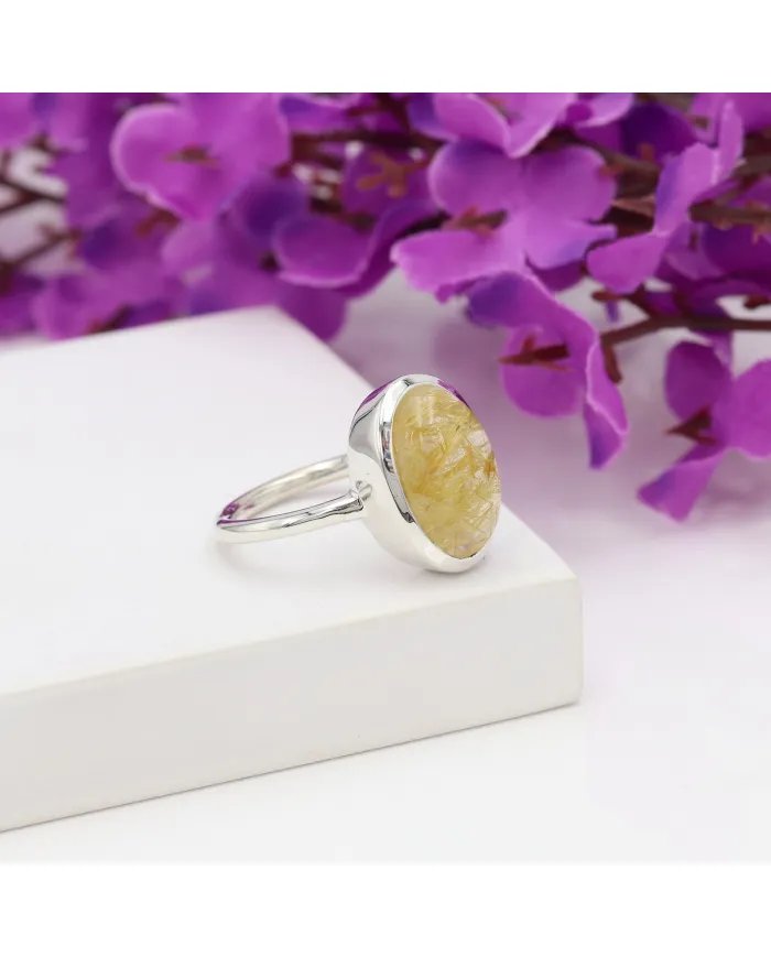 Natural Rutilated Quartz Ring - 925 Sterling Silver Oval Shape Jewelry