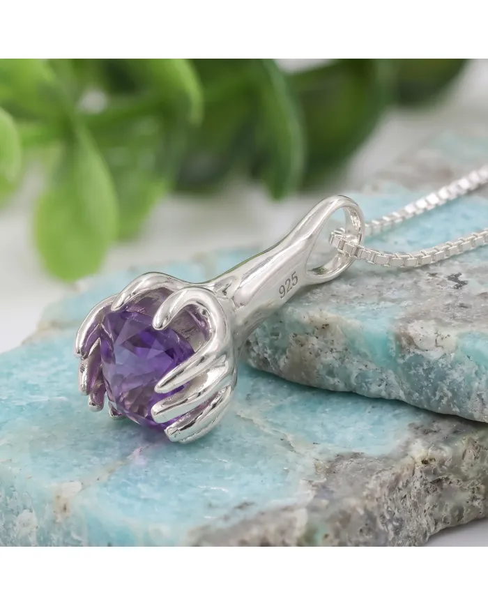 Amethyst Holding Hands Pendant Necklace | 925 Sterling Silver Jewelry