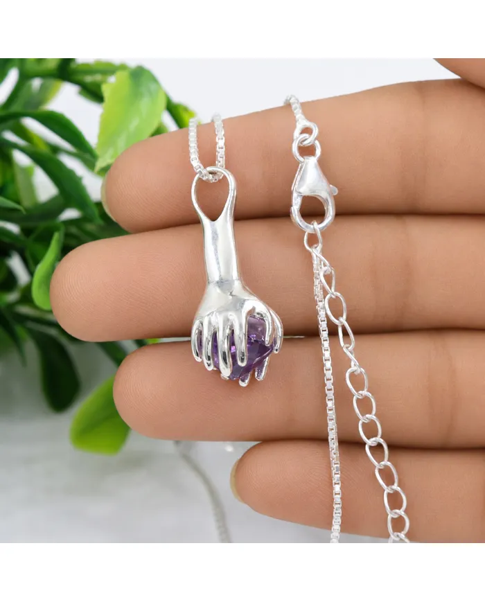 Amethyst Holding Hands Pendant Necklace | 925 Sterling Silver Jewelry