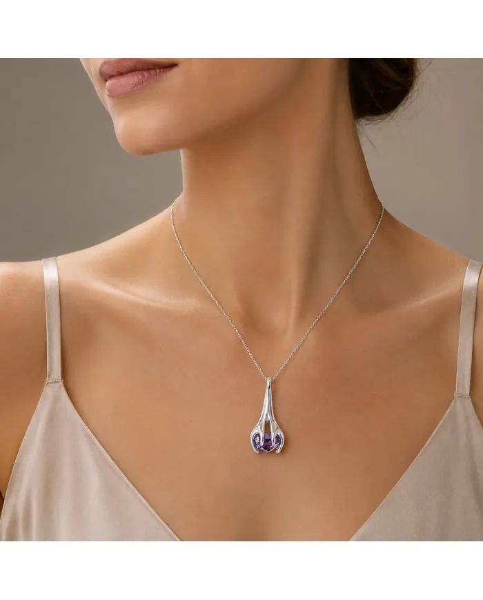 Amethyst Holding Hands Pendant Necklace | 925 Sterling Silver Jewelry