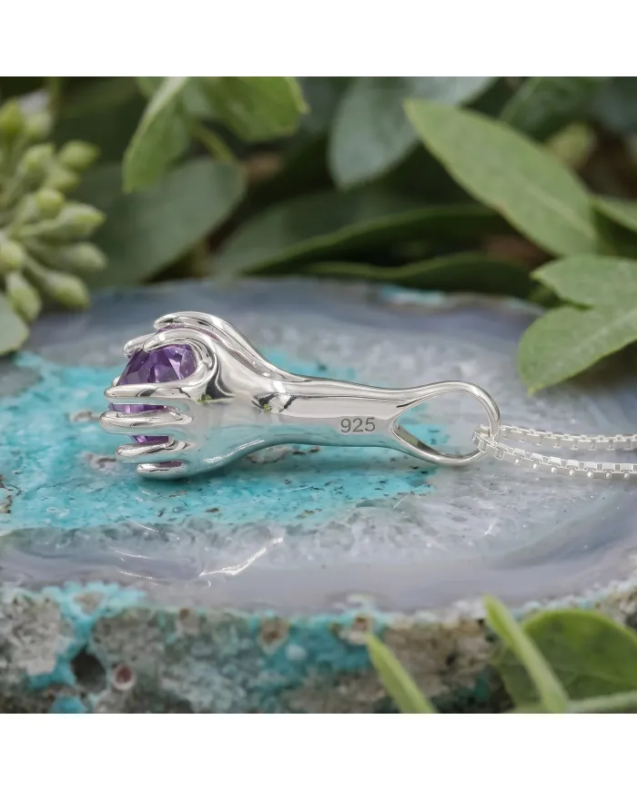 Amethyst Holding Hands Pendant Necklace | 925 Sterling Silver Jewelry