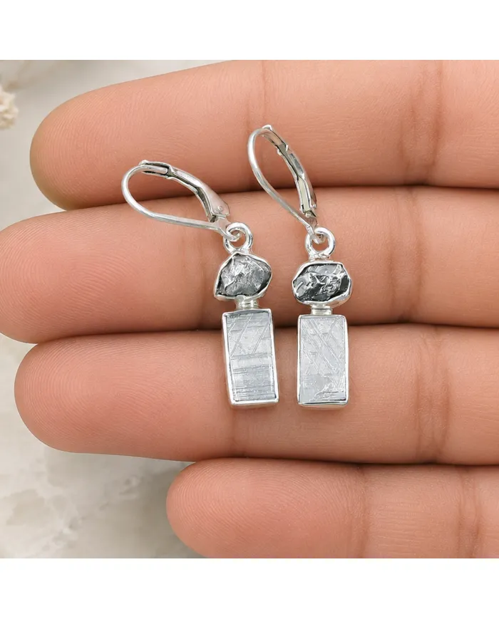 Meteorite Earrings - 925 Sterling Silver Raw Gemstone Jewelry