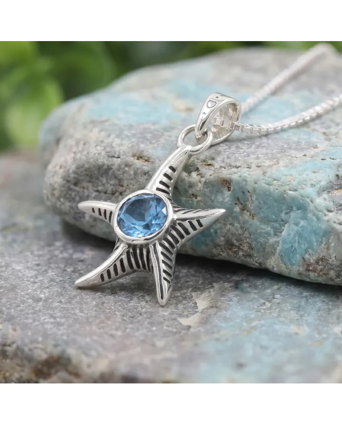 Swiss Blue Topaz Starfish Pendant - 925 Sterling Silver Dainty Jewelry