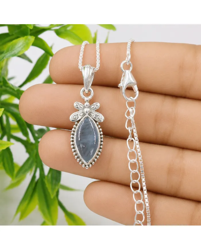 925 Sterling Silver Aquamarine Pendant – Handmade Marquise Cut Jewelry