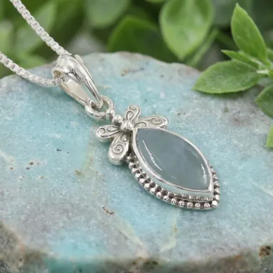 925 Sterling Silver Aquamarine Pendant – Handmade Marquise Cut Jewelry