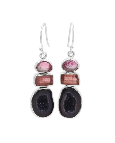 925 Sterling Silver Tabasco Geode & Tourmaline Drop Earrings