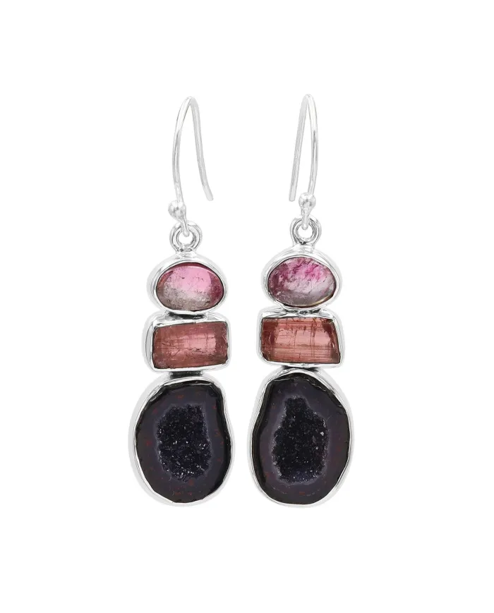 925 Sterling Silver Tabasco Geode & Tourmaline Drop Earrings