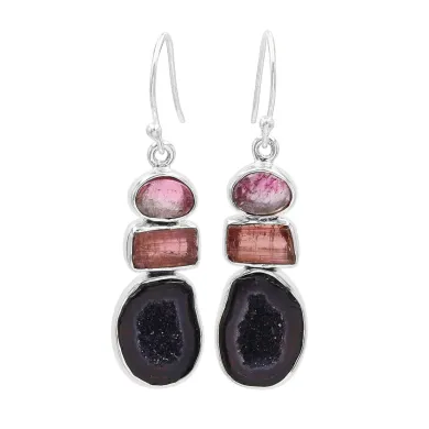 925 Sterling Silver Tabasco Geode & Tourmaline Drop Earrings