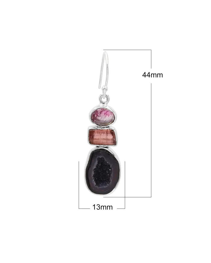 925 Sterling Silver Tabasco Geode & Tourmaline Drop Earrings