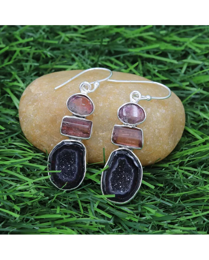 925 Sterling Silver Tabasco Geode & Tourmaline Drop Earrings