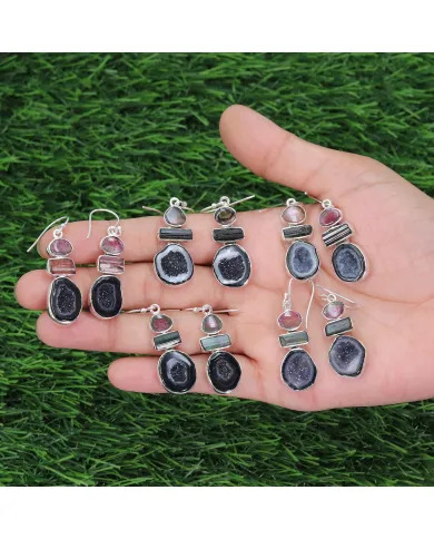 925 Sterling Silver Tabasco Geode & Tourmaline Drop Earrings