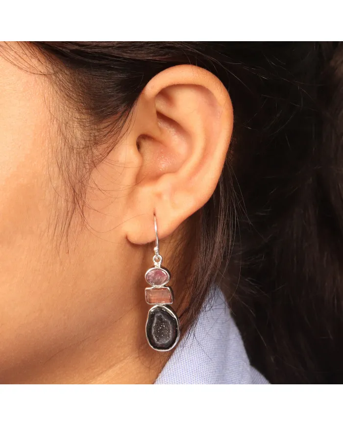 925 Sterling Silver Tabasco Geode & Tourmaline Drop Earrings
