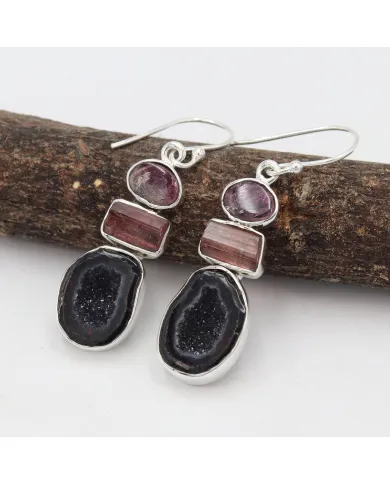 925 Sterling Silver Tabasco Geode & Tourmaline Drop Earrings