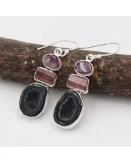 925 Sterling Silver Tabasco Geode & Tourmaline Drop Earrings