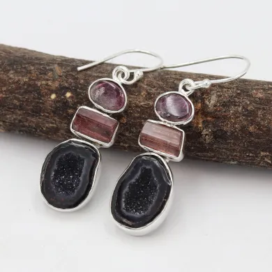 925 Sterling Silver Tabasco Geode & Tourmaline Drop Earrings