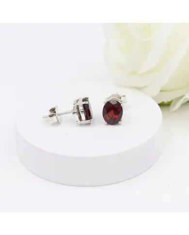Garnet Stud Earrings - 925 Sterling Silver Minimalist Jewelry