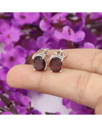 Garnet Stud Earrings - 925 Sterling Silver Minimalist Jewelry