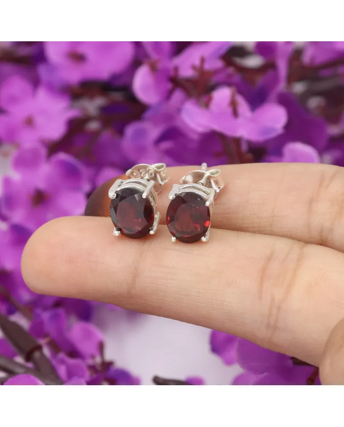 Garnet Stud Earrings - 925 Sterling Silver Minimalist Jewelry