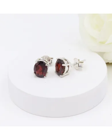 Garnet Stud Earrings - 925 Sterling Silver Minimalist Jewelry