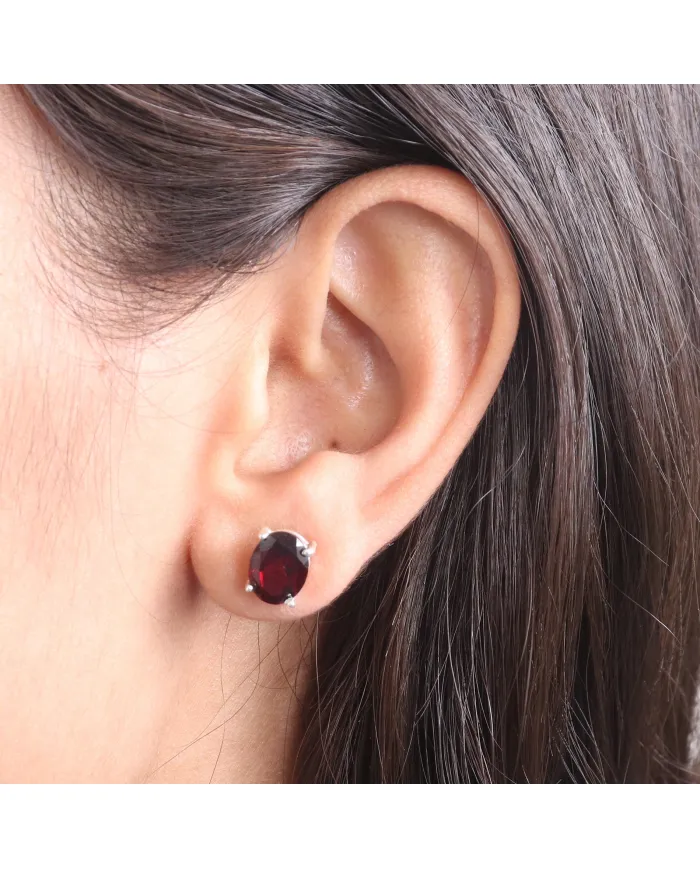 Garnet Stud Earrings - 925 Sterling Silver Minimalist Jewelry