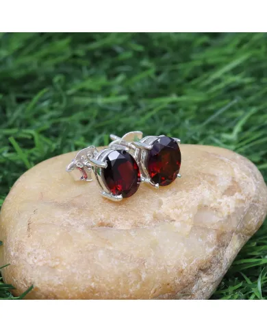 Garnet Stud Earrings - 925 Sterling Silver Minimalist Jewelry