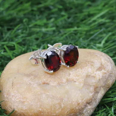 Garnet Stud Earrings - 925 Sterling Silver Minimalist Jewelry