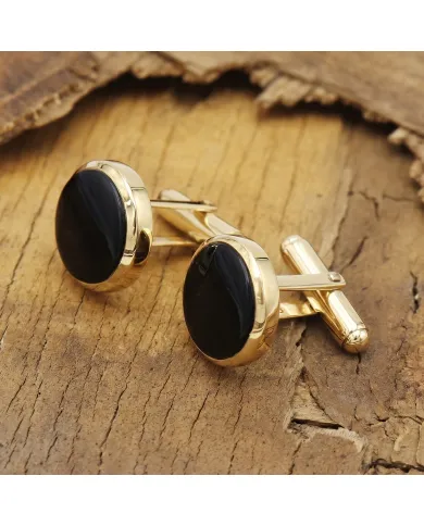Black Onyx Cufflinks - 18K Gold Plated Tuxedo Studs Men's Accessories