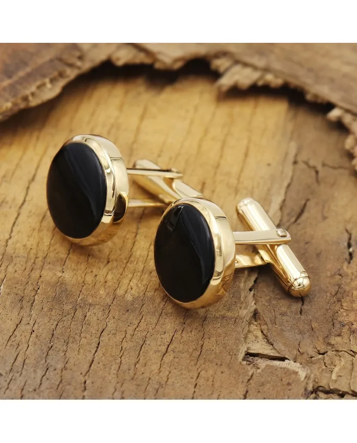Black Onyx Cufflinks - 18K Gold Plated Tuxedo Studs Men's Accessories