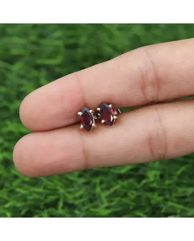 Garnet Stud Earrings 925 Sterling Silver - Handmade Minimalist Jewelry