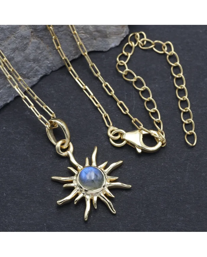 18K Gold Plated Labradorite Sunburst Pendant in 925 Sterling Silver