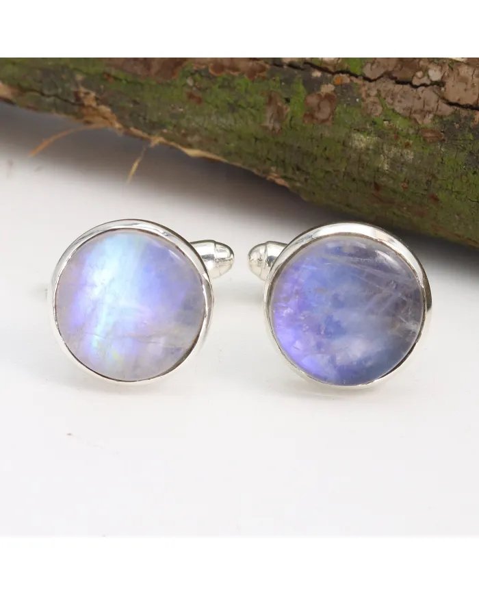 Natural Moonstone Cufflinks – Luxury Sterling Silver Elegance for Men