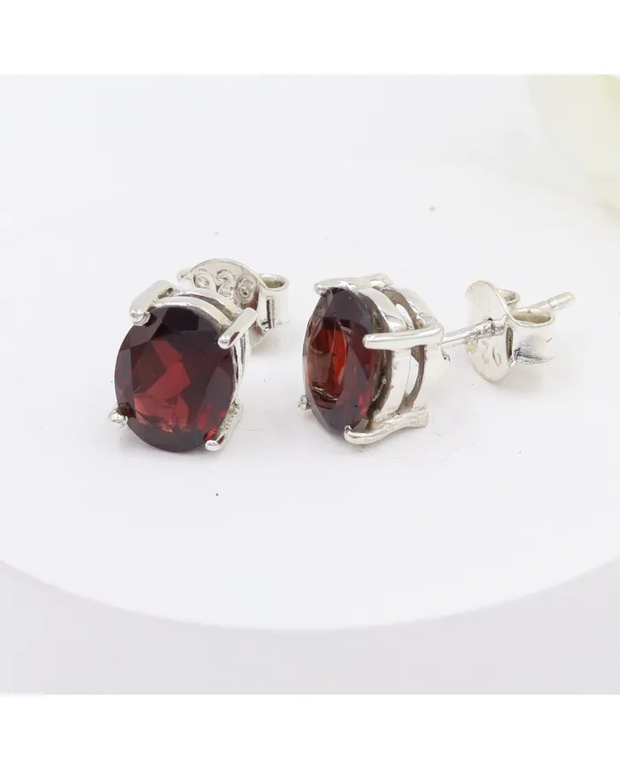 Garnet Stud Earrings - 925 Sterling Silver Minimalist Jewelry