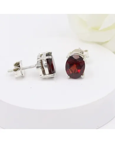 Garnet Stud Earrings - 925 Sterling Silver Minimalist Jewelry