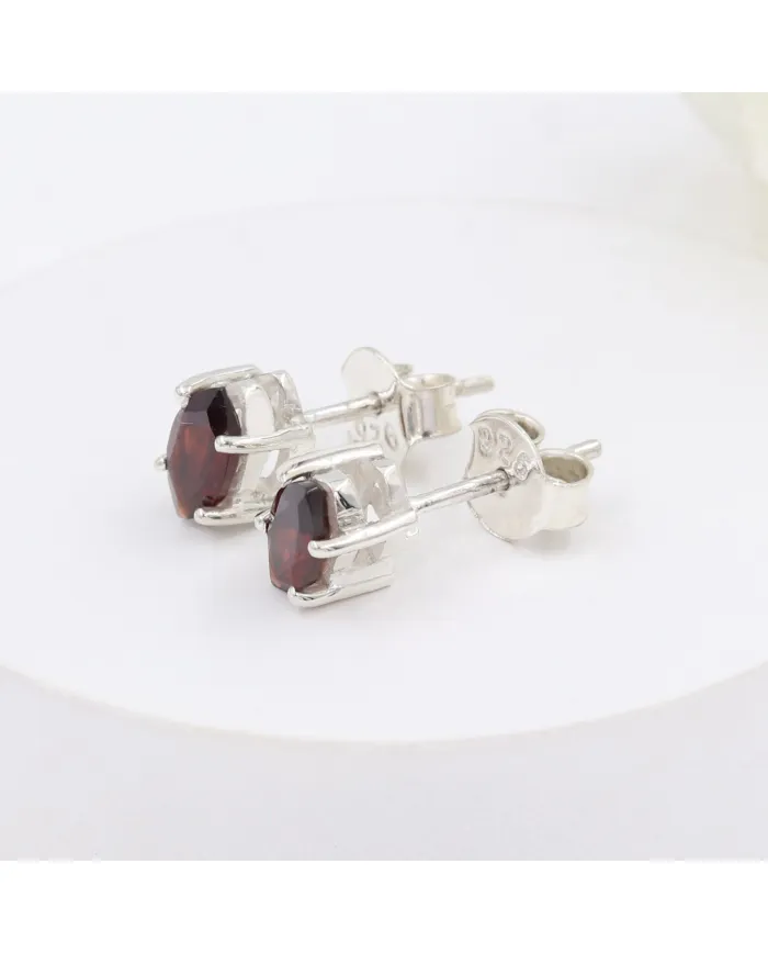 Garnet Stud Earrings 925 Sterling Silver - Handmade Minimalist Jewelry