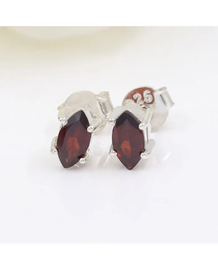 Garnet Stud Earrings 925 Sterling Silver - Handmade Minimalist Jewelry