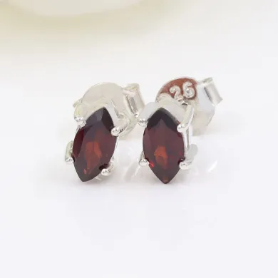 Garnet Stud Earrings 925 Sterling Silver - Handmade Minimalist Jewelry