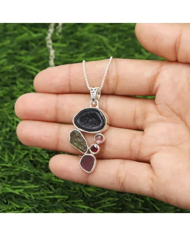 Sterling Silver Tabasco Geode, Moldavite, Tourmaline & Garnet Pendant