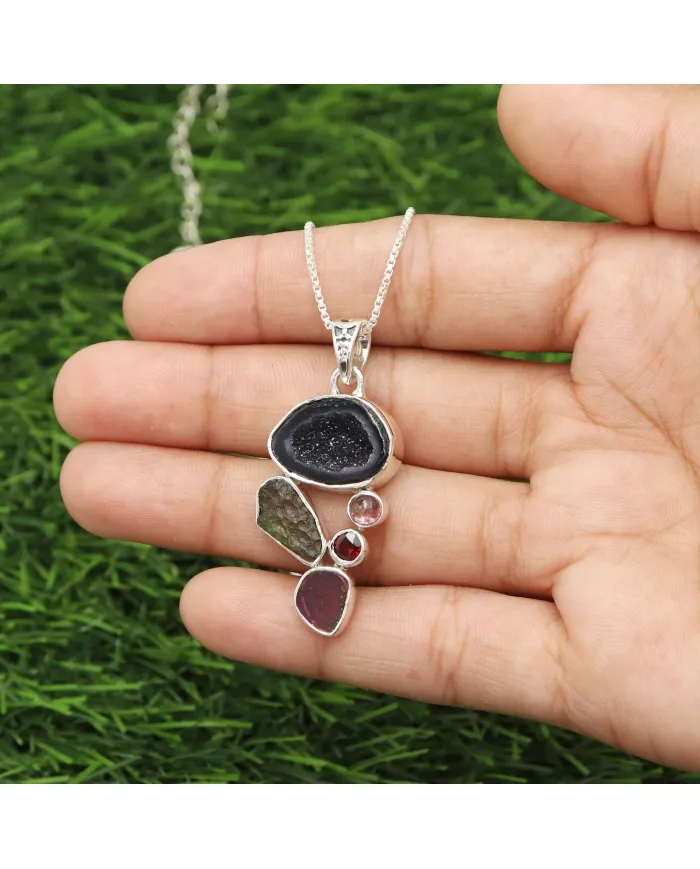Sterling Silver Tabasco Geode, Moldavite, Tourmaline & Garnet Pendant