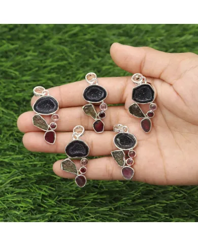 Sterling Silver Tabasco Geode, Moldavite, Tourmaline & Garnet Pendant