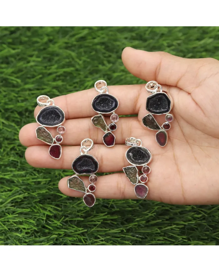 Sterling Silver Tabasco Geode, Moldavite, Tourmaline & Garnet Pendant
