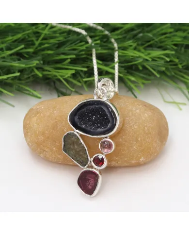 Sterling Silver Tabasco Geode, Moldavite, Tourmaline & Garnet Pendant