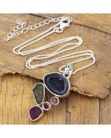 Sterling Silver Tabasco Geode, Moldavite, Tourmaline & Garnet Pendant